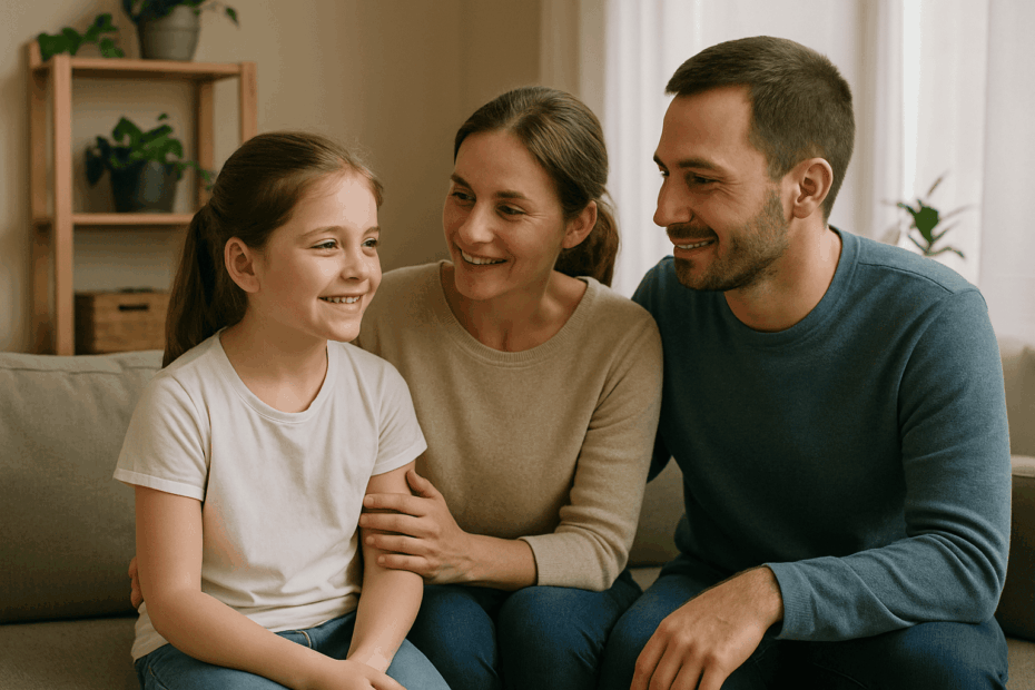Parents et enfant souriant ensemble dans un salon lumineux, illustrant l’inclusion et la vie quotidienne en famille.